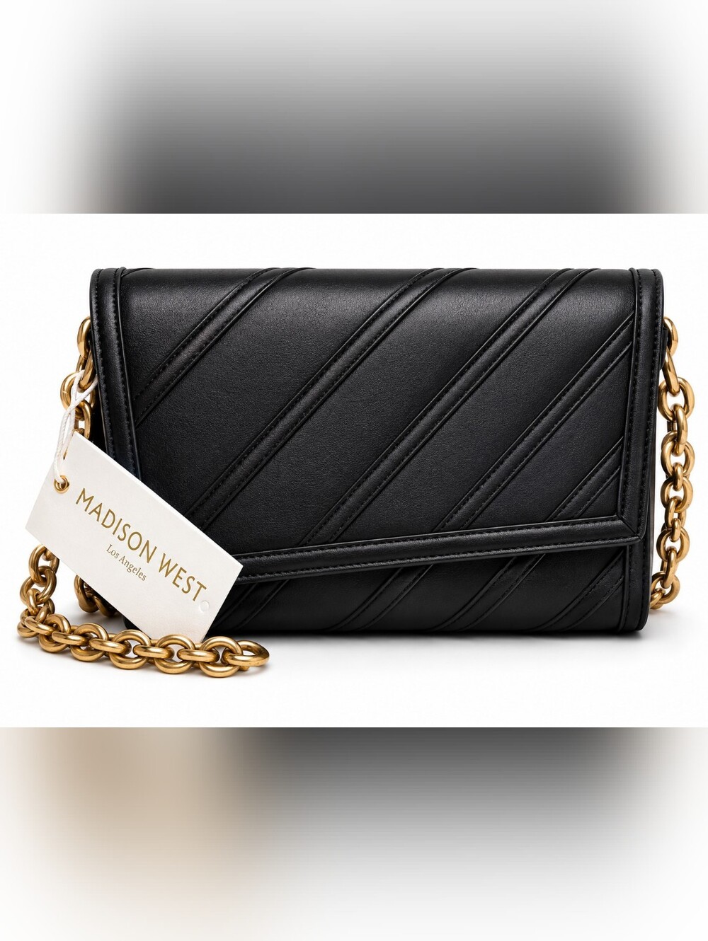 Madison West Black Quilted Shoulder Bag with Gold Chain